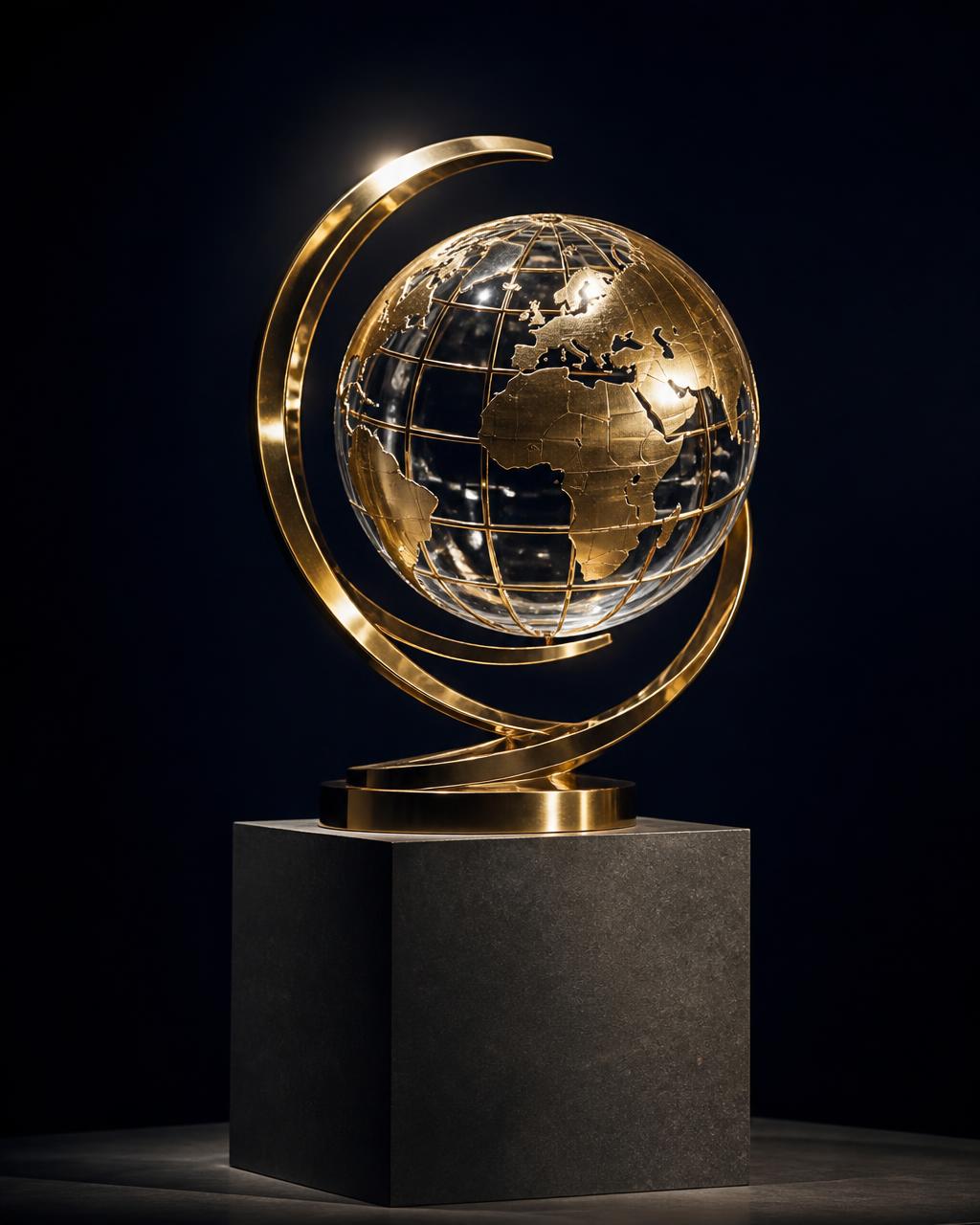 The McGraw Prize sculpture, a brass and crystal globe on a stone pedestal